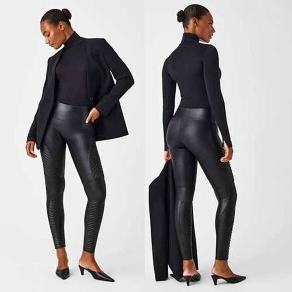 NEW SPANX Faux Leather Moto High-Waisted Fitted Leggings Very Black Size: Medium